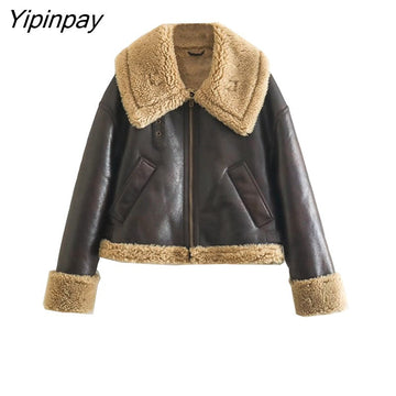 Yipinpay 2023 Winter Female Thicken Solid Jackets Fleece Warm Long Sleeve Zipper Coats Loose Vintage Ladies Waistcoat Chic Tops